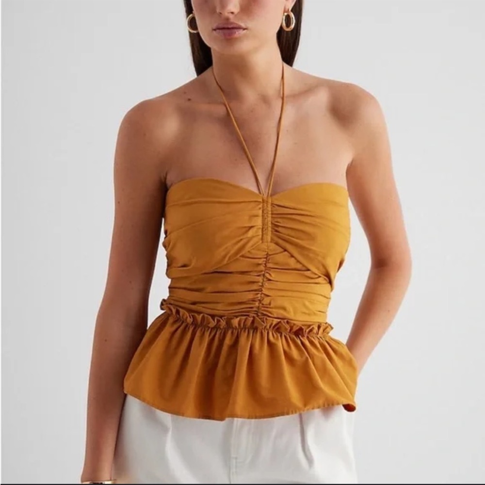 Like New Express Mustard Yellow Ruched Peplum Halter Top Size M